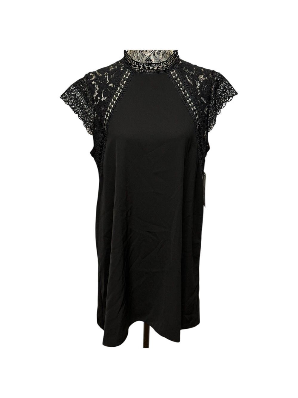 NWT Zara Large Black Lace High Neck Cap Sleeve Shift Mini Dress Cocktail Evening